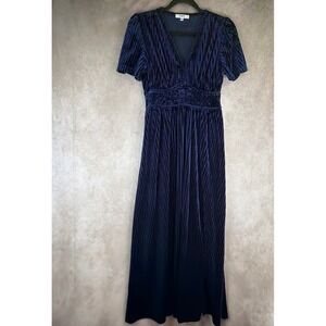 Sissyaki Maxi Dress Women Medium Navy Blue Corduroy Velvet V-Neck Smocked Waist